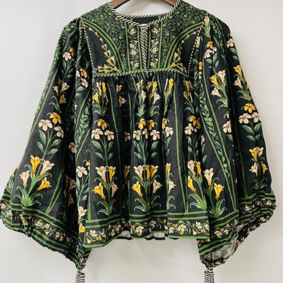 Farm Rio black flowers arch lenzing ecovero euroflax blouse, Size Small- NEW - Picture 1 of 6